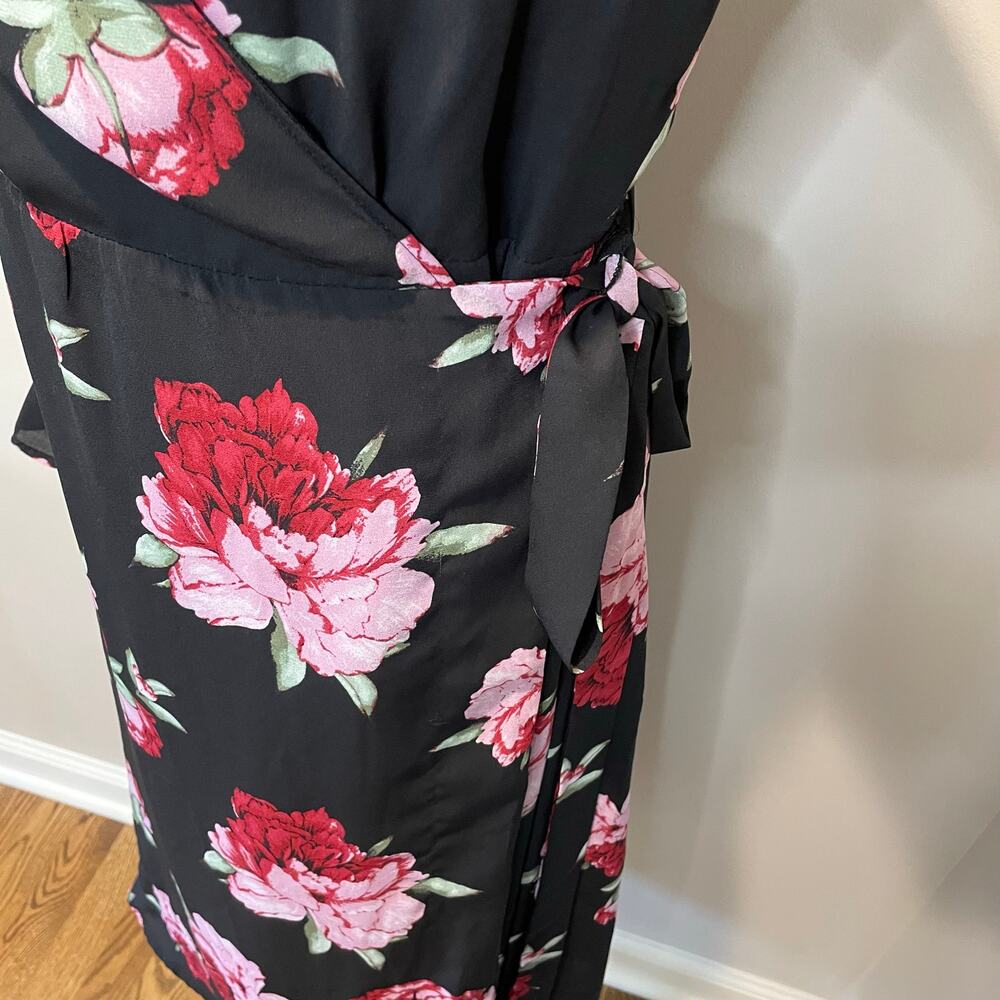 Lulus Romantic Blooms Black Floral Midi Wrap Dress Sz M Plunging Neck Black Pink - Picture 11 of 16